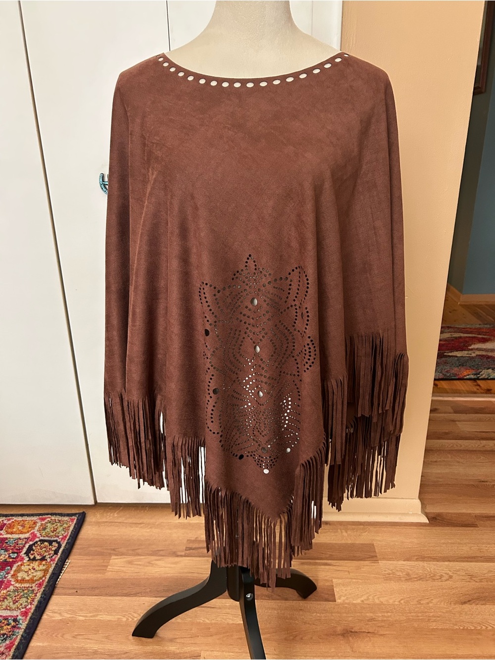 Fringed Faux-Suede Poncho in rich Brown Color